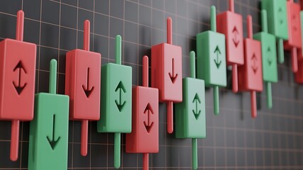 3d rendered illustration depicting a financial market chart with red and green candlestick patterns indicating stock price fluctuations.