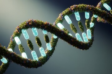 A beautiful render of a dna strand formed by greenery and glowing capsules representing biology and nature
