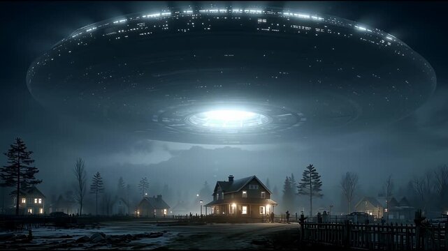 Mysterious 3I/Atlas alien ufo spaceship invasion over small town. Dramatic night scene of huge craft hovering with bright lights