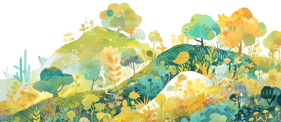 Vibrant watercolor illustration of a lush landscape featuring rolling hills, colorful trees, and diverse flora, creating a serene and enchanting natural environment