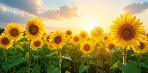 Fototapeta premium A vibrant field of towering sunflowers basking in the golden sunlight, their faces turned towards the sky Perfect for summer, nature, and agriculture themes , flowers, growth