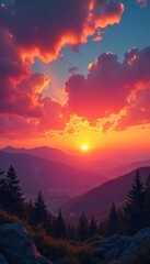 Stunning panoramic view of a vibrant sunset sky, filled with fiery oranges, deep reds, and soft pastel hues Perfect for travel, nature, and inspirational projects , cloudscape, texture
