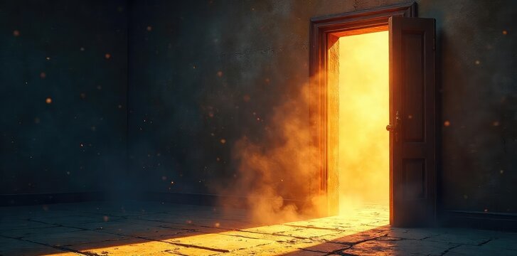A partially open door, sunlight streaming through, illuminating dust motes, symbolic of a pathway to faith and spiritual awakening , grace, divine