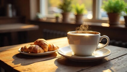 A steaming cup of coffee sits on a rustic wooden table next to a plate of pastries, bathed in warm, inviting sunlight Perfect for a relaxing cafe coffee break , drink, calm, cozy