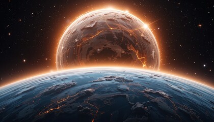 Two planets, one ablaze, orbit each other in the vast expanse of space, illuminated by a fiery sun-like object.