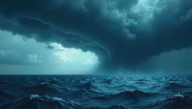 A powerful cyclone storm cloud swirls menacingly over a dark ocean, rain lashing down The ominous grey and dark blue tones create a dramatic and intense weather scene , water, ominous, dangerous
