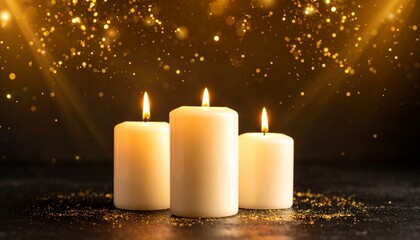 Three burning wax candles creating a peaceful and serene atmosphere with glowing flames and golden glitter on a dark background