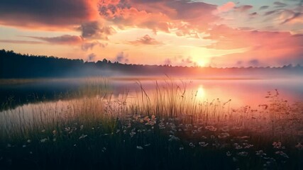 Serene Lake Sunrise with Flowers. - Powered by Adobe