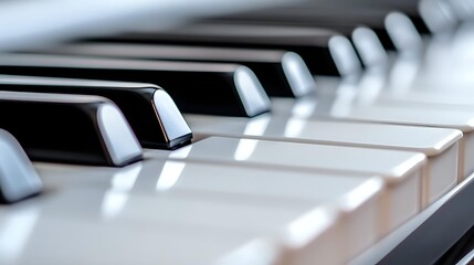 Close up view of piano keys in soft lighting showing black and white keys with shallow depth of field creating artistic blur effect for musical background.