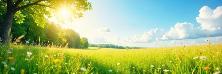 Obraz premium A refreshing breeze sweeps across a sun-drenched landscape, rustling leaves and swaying tall grasses Enjoy the cool air and the peace of nature's gentle movement , heatwave, sunlight, blue sky