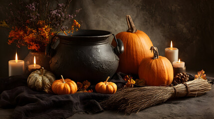 A halloween still life featuring pumpkins, a cauldron, candles, and a broom on a dark background
