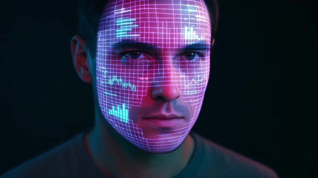 Dynamic face mapping display on a man exploring technology and innovation in a creative setting