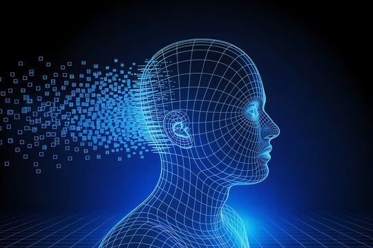 A digital human head formed by a wireframe with a data flow disintegration effect on a futuristic grid background