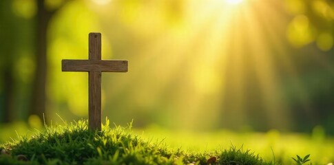 Serene Wooden Cross Sun-Dappled Peace and Reflection for Easter, Lent, or Memorials