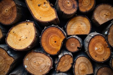 Fototapeta premium Rustic Seasoned Hardwood Grilling Wood Perfect for Backyard BBQs and Outdoor Cooking. Close-up showcasing natural textures and rich colors, ideal for creating a cozy and flavorful fire.