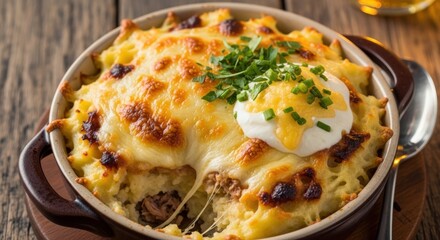 Close-up shot of a baked casserole dish with a poached egg and cheese topping.