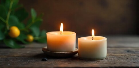 A softly glowing, lovely candle sits on a rustic wooden surface, exuding warmth and tranquility Perfect for relaxation, spa, and home decor themes , scent, texture