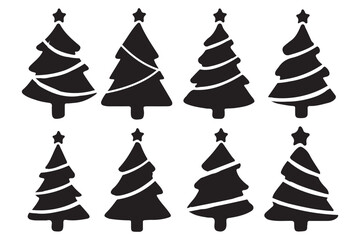 Merry Christmas tree icon set on a gray background, featuring silhouettes of Christmas trees, a modern illustration in flat design