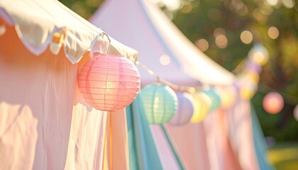 Festive string lights illuminate an outdoor garden party with bokeh effect during sunset