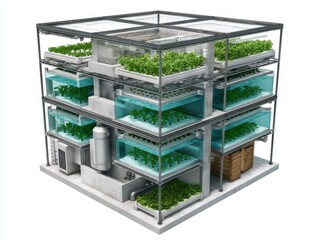 Cutaway 3D view of a vertical aquaponics farm with fish tanks, stacked grow beds, and integrated water filtration.