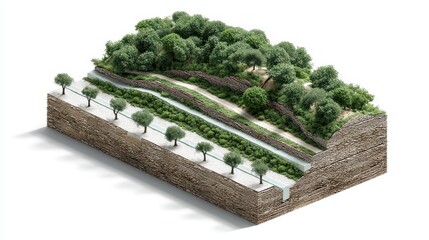 Cutaway 3D visualisation of a Mediterranean hillside vineyard with terraced layers, irrigation channels, and root stabilization.