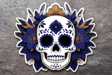 Mexican sugar skull decorated with navy blue and gold flowers, ornate traditional patterns on white background, isolated sticker design for Day of Dead celebration.