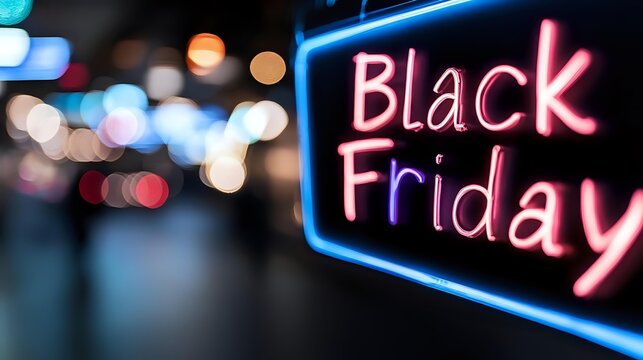 Glowing pink and blue neon Black Friday sign against blurred city lights background creates atmospheric shopping season ambiance for retail and commerce designs.