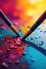 Fototapeta premium Two paintbrushes poised mid-stroke, a vibrant canvas reflecting an abstract dialogue of colors; a scene of artistic creation and communication , communication, creative