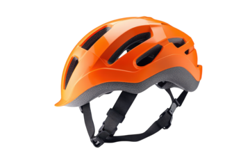 Angled view of an orange bicycle helmet isolated on transparent background, highlighting its aerodynamic shape, ventilation system, and secure fit for cycling enthusiasts