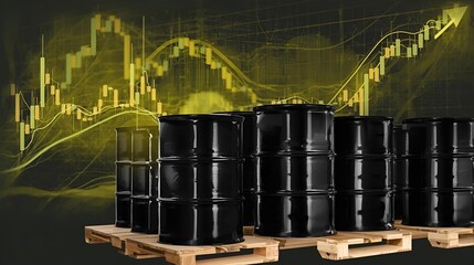 Oil barrels stacked on pallet with upward stock market trend chart