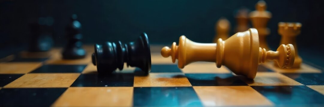 A chessboard with one king knocked over, signifying defeat and the triumph of the opposing player The image depicts a clear victor and vanquished , dominance, goal, black