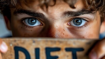 Close up portrait of intense blue eyes and freckles above cardboard sign with text. Dramatic cropped composition showing partial face creates mystery and impact.