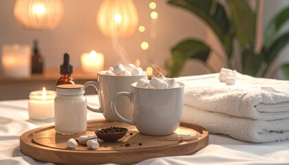 Obraz premium Cozy and warm scene featuring steaming hot chocolate in mugs with marshmallows and candles, perfect for a relaxing spa or self-care moment