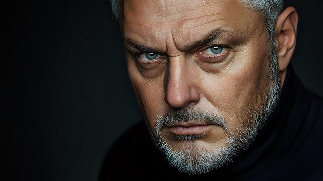 Dramatic close-up portrait of mature man with gray beard and intense blue eyes against dark background showing serious determined expression in moody lighting.