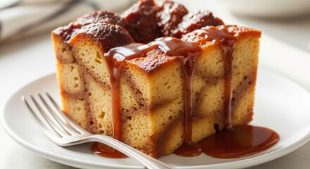 Close-up shot of a slice of bread pudding with caramel sauce drizzled on top, served on a white plate.