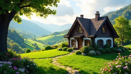 Obraz premium A cozy cottage nestled amongst rolling green hills, sunlight streaming through the windows, depicting a peaceful and idyllic dream home , warm, peaceful