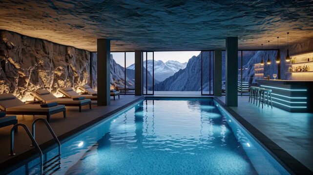 Luxury indoor pool and bar in modern mountain spa resort with panoramic alpine view at dusk, lounge chairs, rock wall and ambient lighting for wellness and relaxation