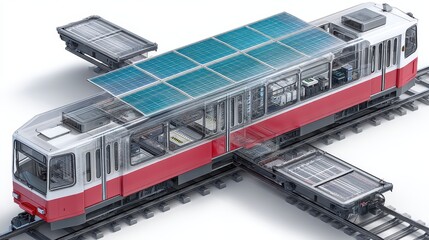 Cutaway 3D visualization of an electric cargo train with solar-assisted charging, battery packs, and automated control system.