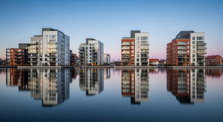 Obraz premium Cityscape Reflection on Calm Water at Twilight with Urban Buildings and Clear Sky