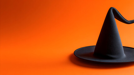 Fototapeta premium Isolated black witch hat with a pointed top and wide brim on a solid orange colored background surface