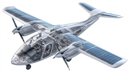 Cutaway 3D visualization of an eVTOL aircraft with renewable integration, semi-transparent fuselage, and solar wing panels.
