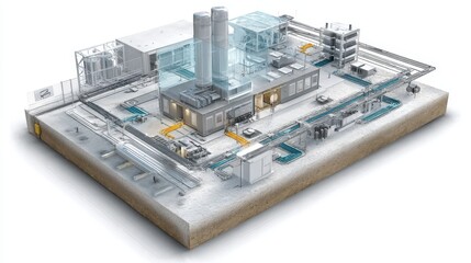 Cutaway 3D visualization of an industrial CO₂ capture facility with filtration units, underground storage, and monitoring systems.