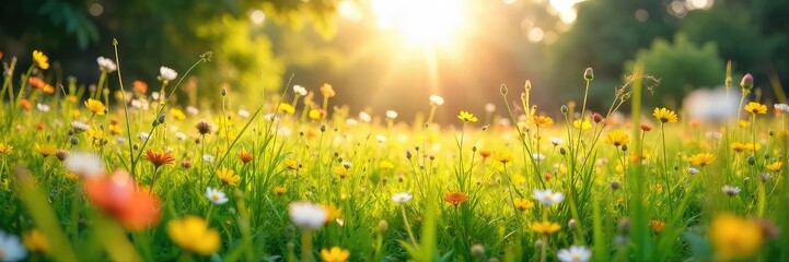 A sprawling meadow bursting with wildflowers, sunlight dappling through tall grasses, creating a serene and idyllic family space  Perfect for relaxation and outdoor fun ,  vibrant,  peaceful