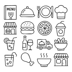Food and Restaurant Icon Set, Fast Food and Drink Design, Isolated Background. Simple Graphic for Menus and Dining