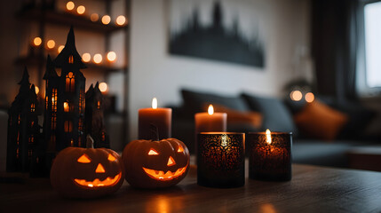 Illuminated halloween scene with pumpkins, candles and haunted house decoration on a table indoors