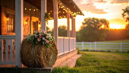 Rustic porch at sunset, hay bale centerpiece