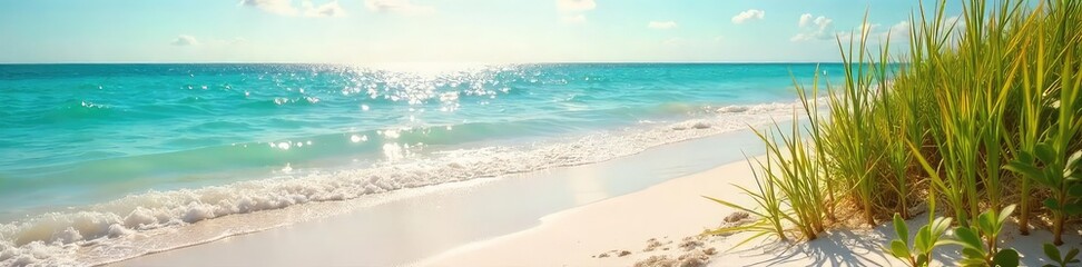 Sun-drenched beach scene with gently waving seagrass and shimmering ocean, evoking a carefree summer vibe Perfect for travel, vacation, or summer themed projects , ocean, seagrass, sky