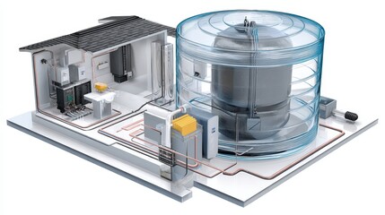 Biogas water heater – Cutaway 3D biogas-powered water heater for rural use, showing digester, heating coils, gas storage, and pipe system.