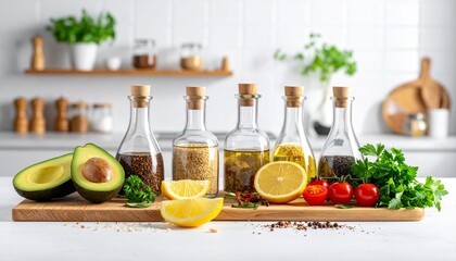 Essential healthy cooking ingredients various oils, fresh avocado, zesty lemons, and aromatic herbs, arranged on a wooden board in a modern kitchen