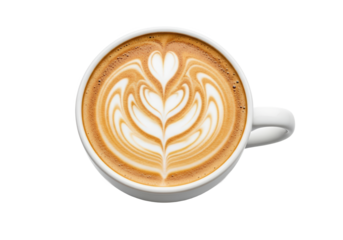 A beautifully crafted latte art in a white cup, showcasing intricate designs on creamy coffee surface